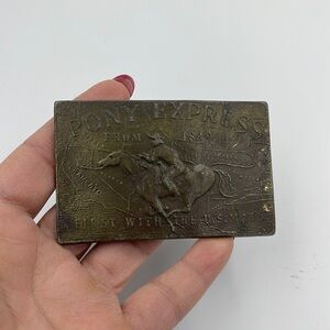 Vintage Pony Express 1849 Brass Belt Buckle Map